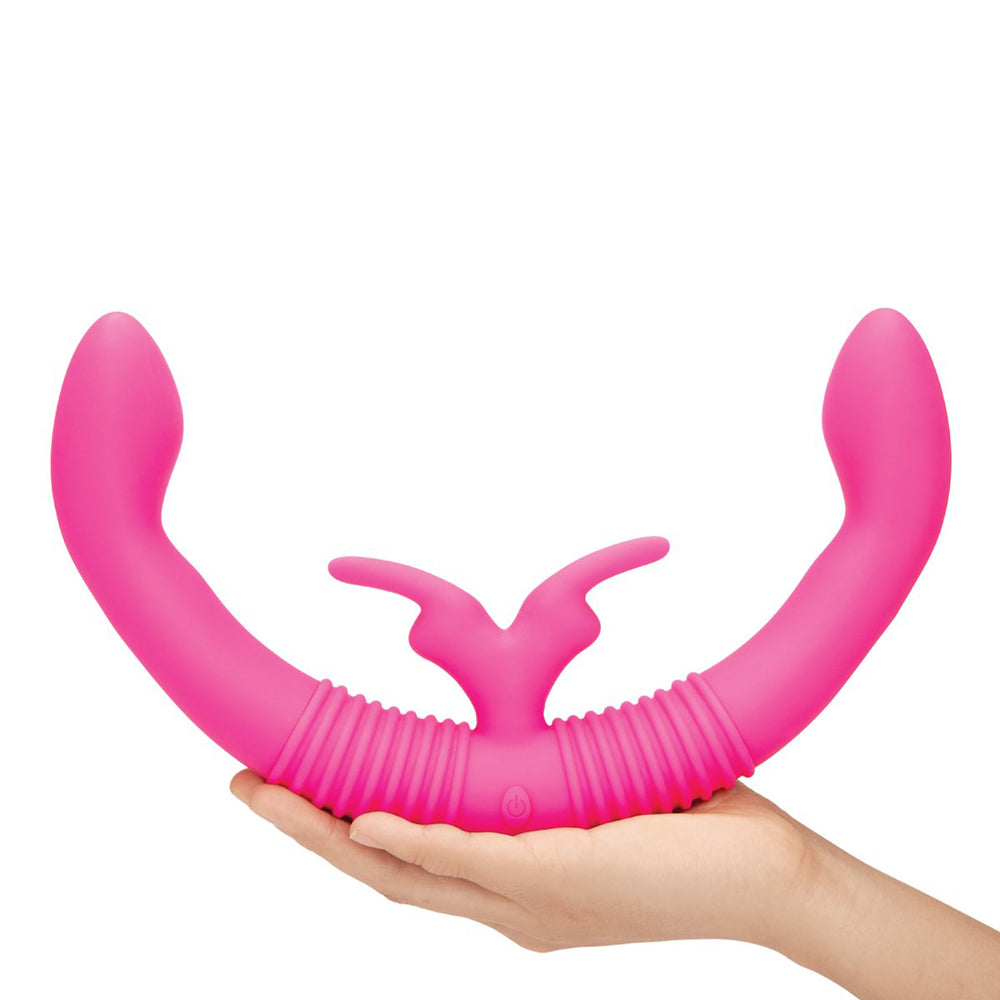 Hand model holding Pink Together Double-Ended Couples G-Spot & Clitoral Rabbit Vibrator for Lesbians