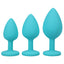 A Play 3-Piece Silicone Anal Plug Trainer Set prepare you for anal penetration at your own pace w/ a tapered spade shape & bulbous body to fill you. Teal.