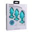 A Play 3-Piece Silicone Anal Plug Trainer Set prepare you for anal penetration at your own pace w/ a tapered spade shape & bulbous body to fill you. Teal-package.