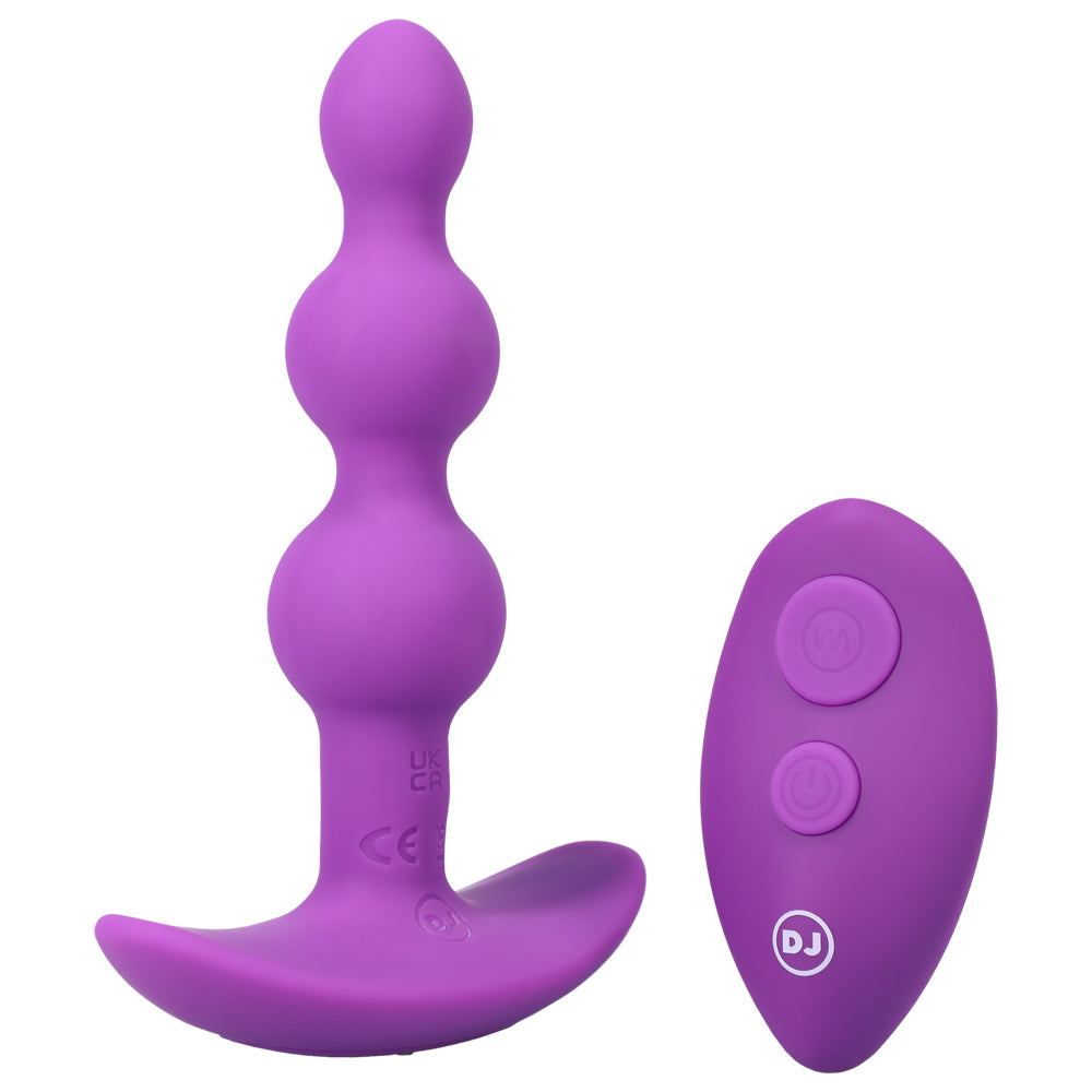 A Play Beaded Vibrating Anal Plug is shaped w/ 3 anal beads to fill you with 'popping' pleasure & is remote-controllable for hands-free fun. Purple.