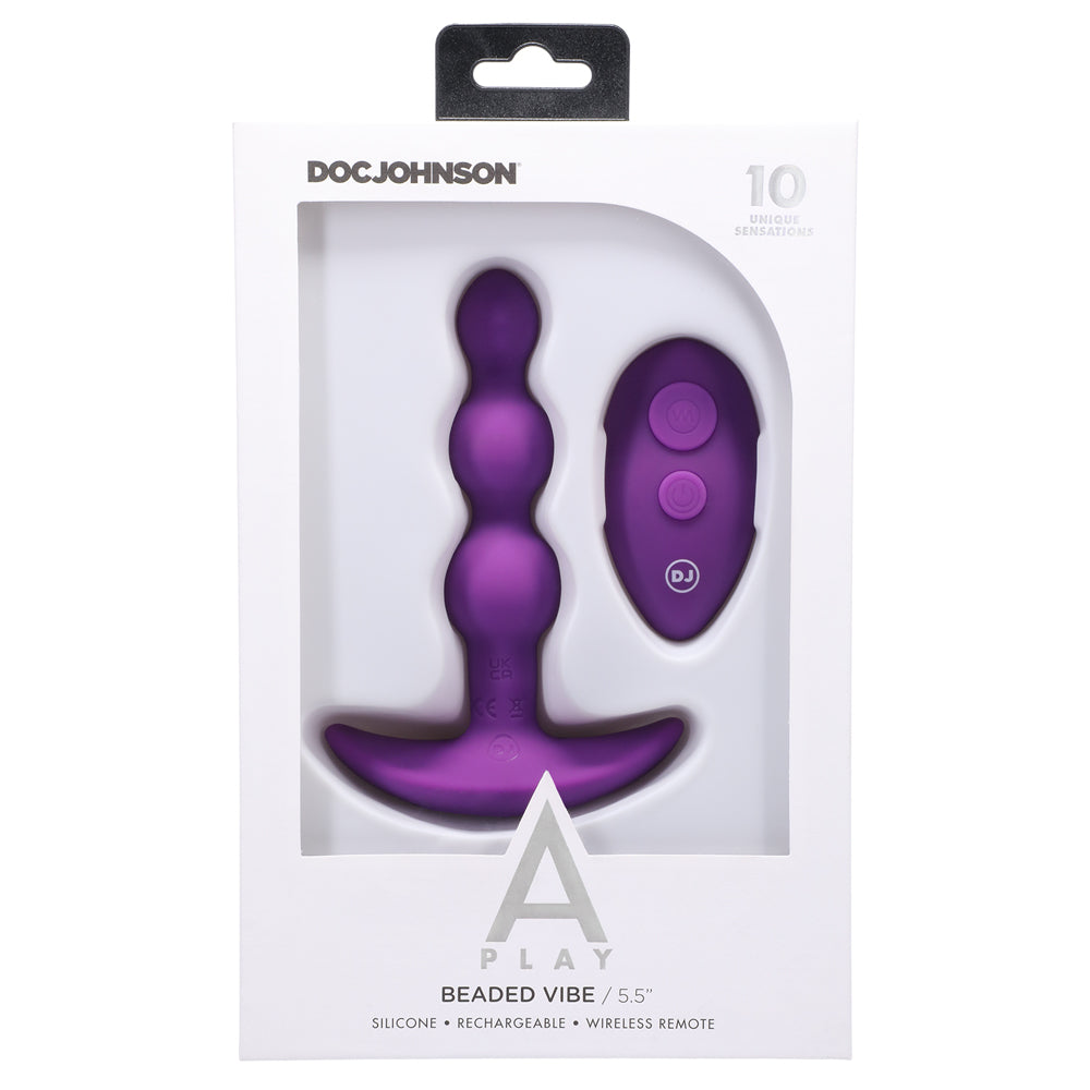 A Play Beaded Vibrating Anal Plug is shaped w/ 3 anal beads to fill you with 'popping' pleasure & is remote-controllable for hands-free fun. Purple-package.