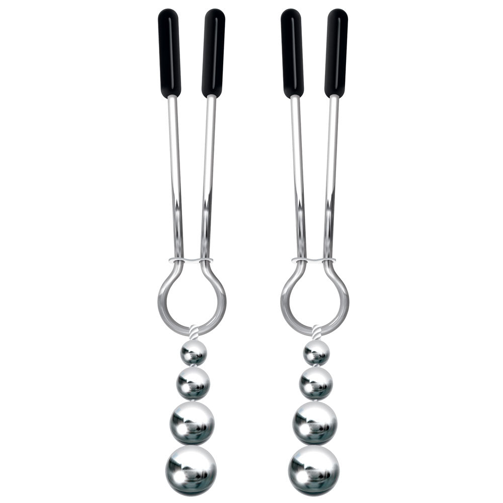 These adjustable tweezer-style nipple clamps feature an adjustable tension slider, rubber-coated tips & tuggable metal weights for more stimulation.