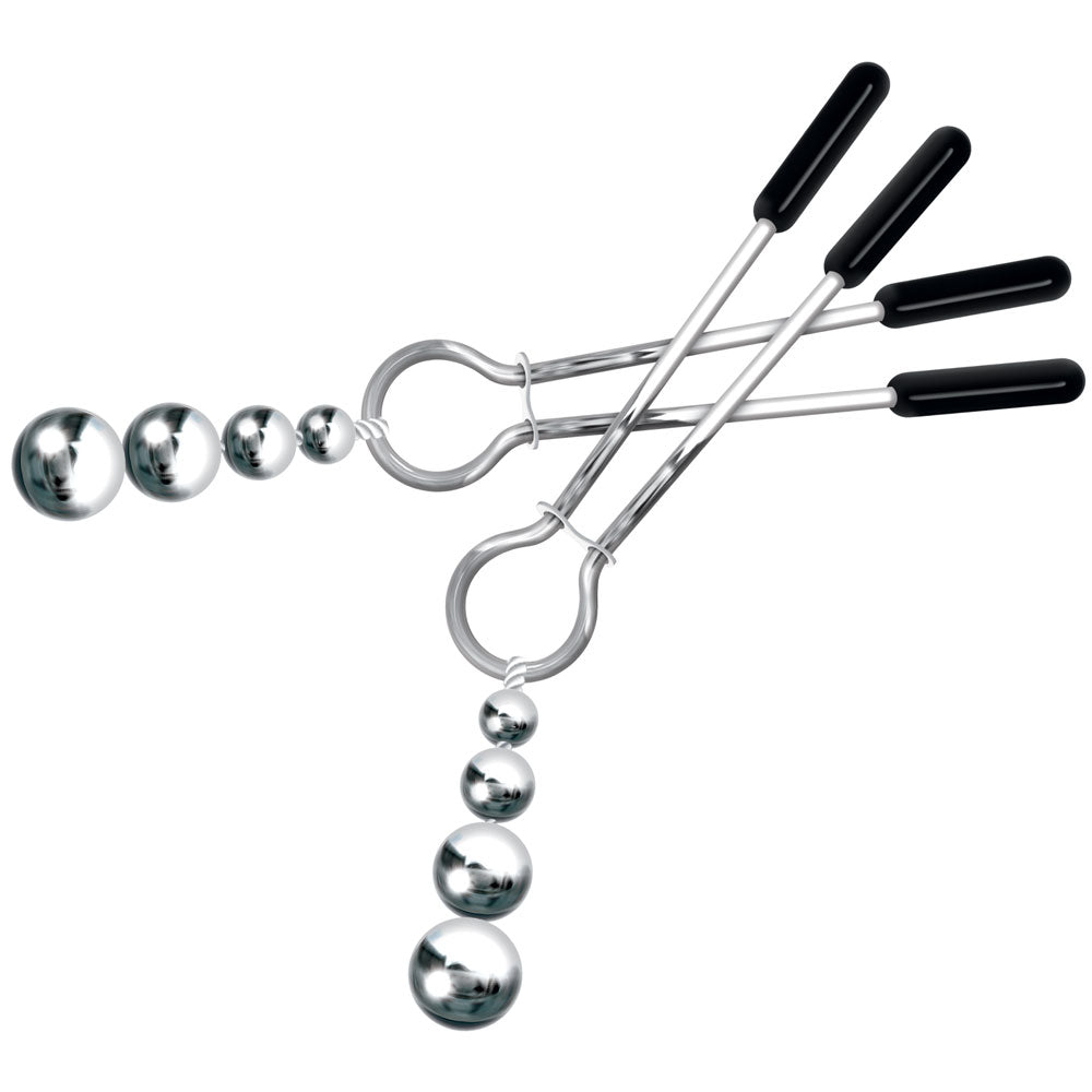 These adjustable tweezer-style nipple clamps feature an adjustable tension slider, rubber-coated tips & tuggable metal weights for more stimulation. (2)
