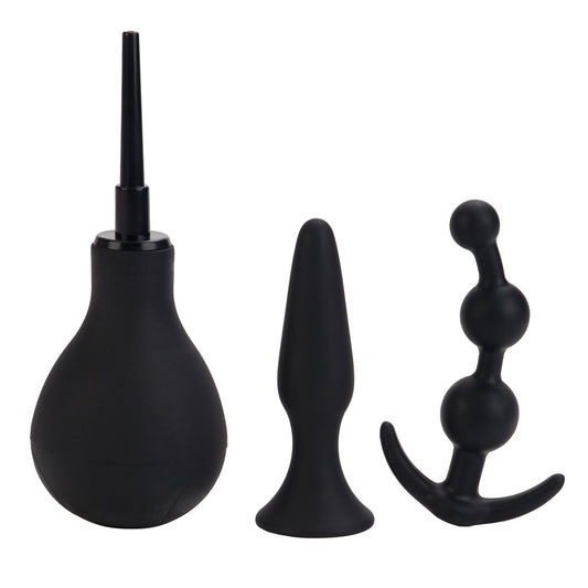 Anal Explorer Kit - silicone 3-piece anal kit includes a cleansing douche, tapered anal plug & graduated probe w/ beads.
