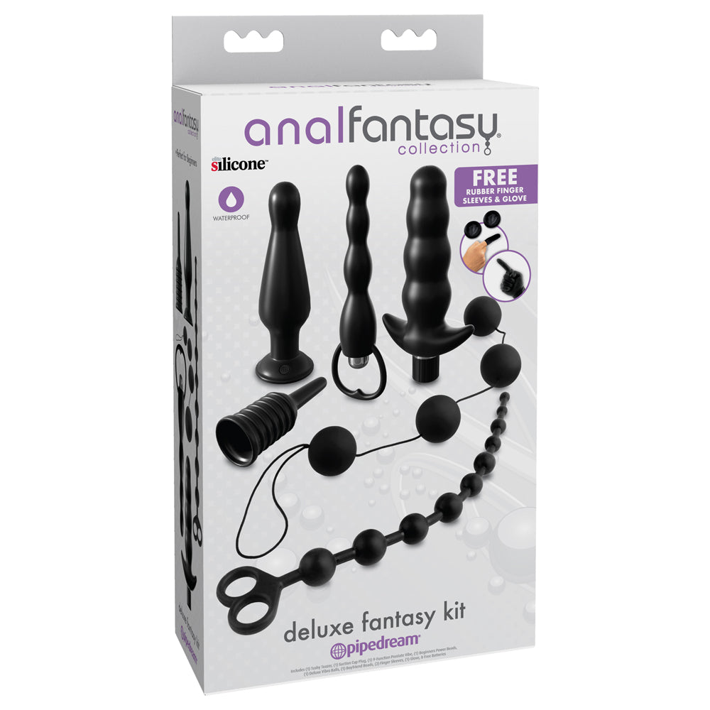 Anal Fantasy Collection Deluxe Fantasy Kit has a suction cup plug, vibrating & non-vibrating beads, weighted Vibro Balls, finger sleeve & a prostate stimulator for versatile anal fun. Package.