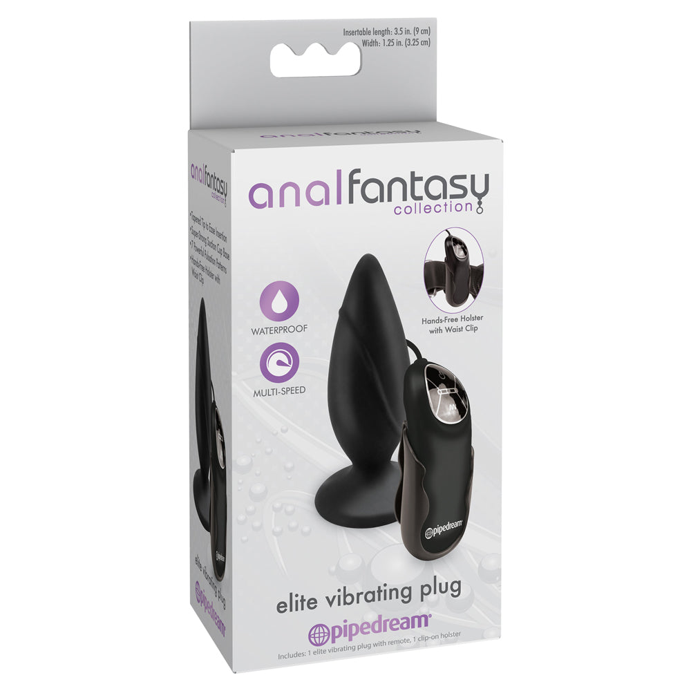 Anal Fantasy Collection Elite Vibrating Plug has a suction cup, tapered tip & textured bulb w/ corded remote control for multispeed vibrations. Package.