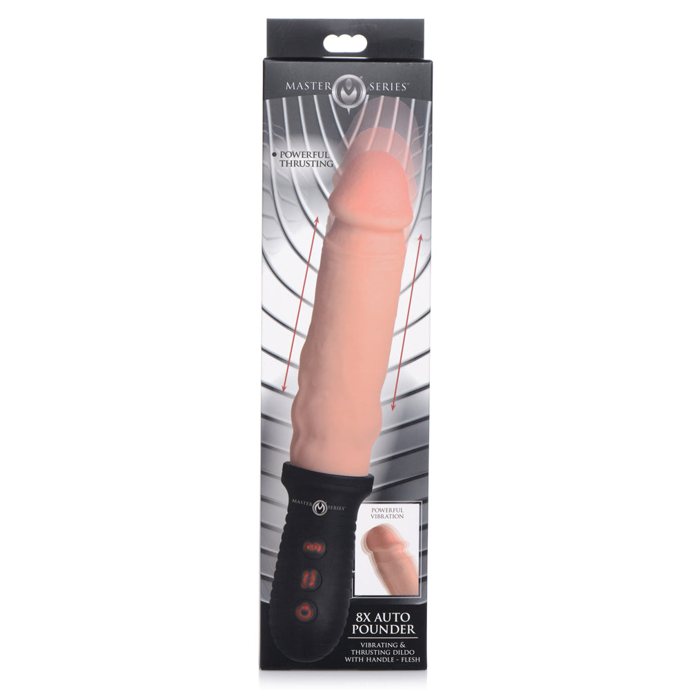 Master Series - 8x Auto Pounder - realistic silicone dildo has an extra-grippy handle for rough play to enjoy 8 vibration modes & 1-inch deep thrusts at 3 speeds. box