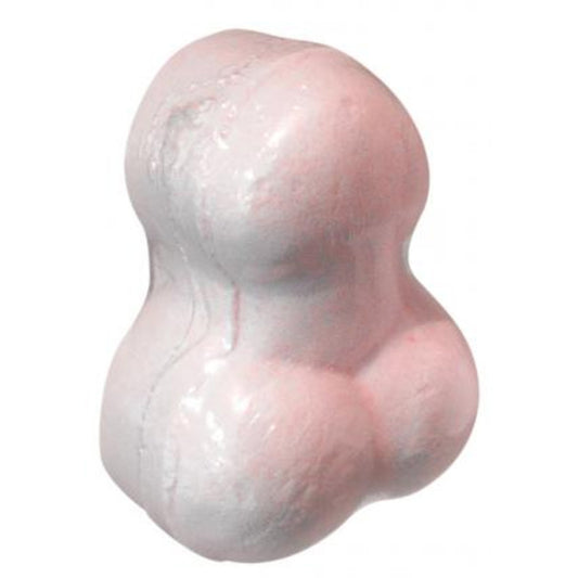 A pale pink penis-shaped bath bomb wrapped in plastic.