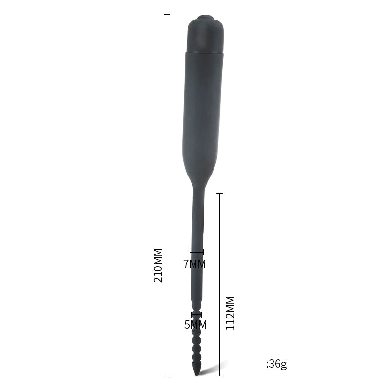 10-Speed Beaded Silicone Vibrating Urethral Sound - tapered tip w/ a beaded texture for wicked internal stimulation that leads to the most intense orgasms. size details
