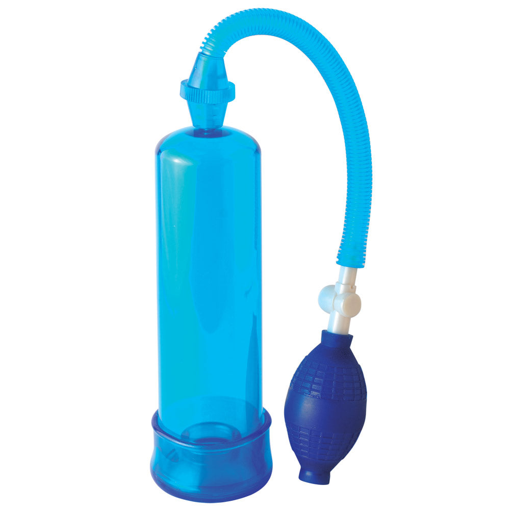 Beginner's Power Pump has a medical-style pump ball you can hand-squeeze to increase your erection's size & staying power. Blue.