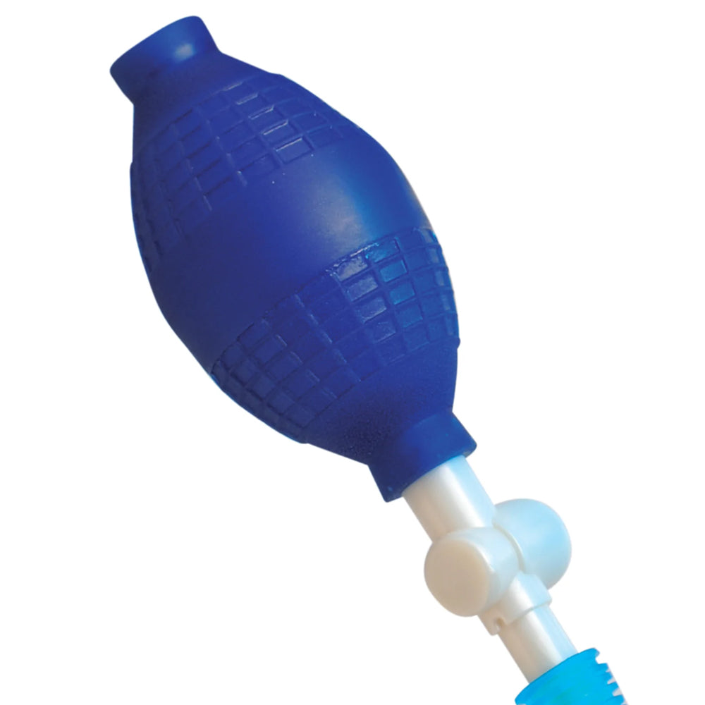 Beginner's Power Pump has a medical-style pump ball you can hand-squeeze to increase your erection's size & staying power. Blue-squeeze.