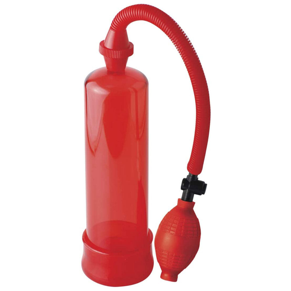 Beginner's Power Pump has a medical-style pump ball you can hand-squeeze to increase your erection's size & staying power. Red.