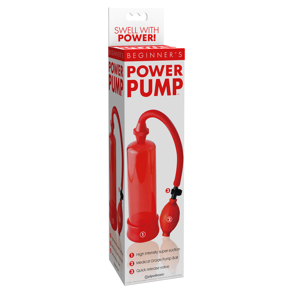 Beginner's Power Pump has a medical-style pump ball you can hand-squeeze to increase your erection's size & staying power. Red-package.