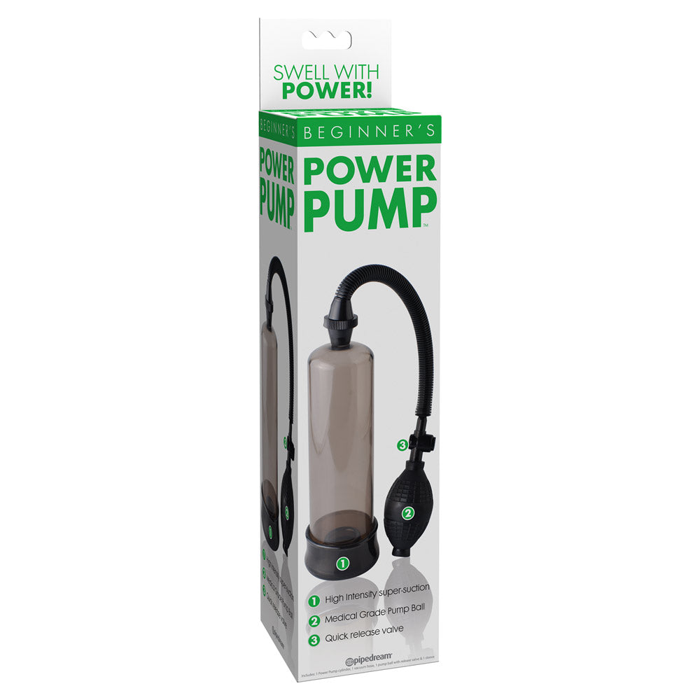 Beginner's Power Pump has a medical-style pump ball you can hand-squeeze to increase your erection's size & staying power. Smoke-package.