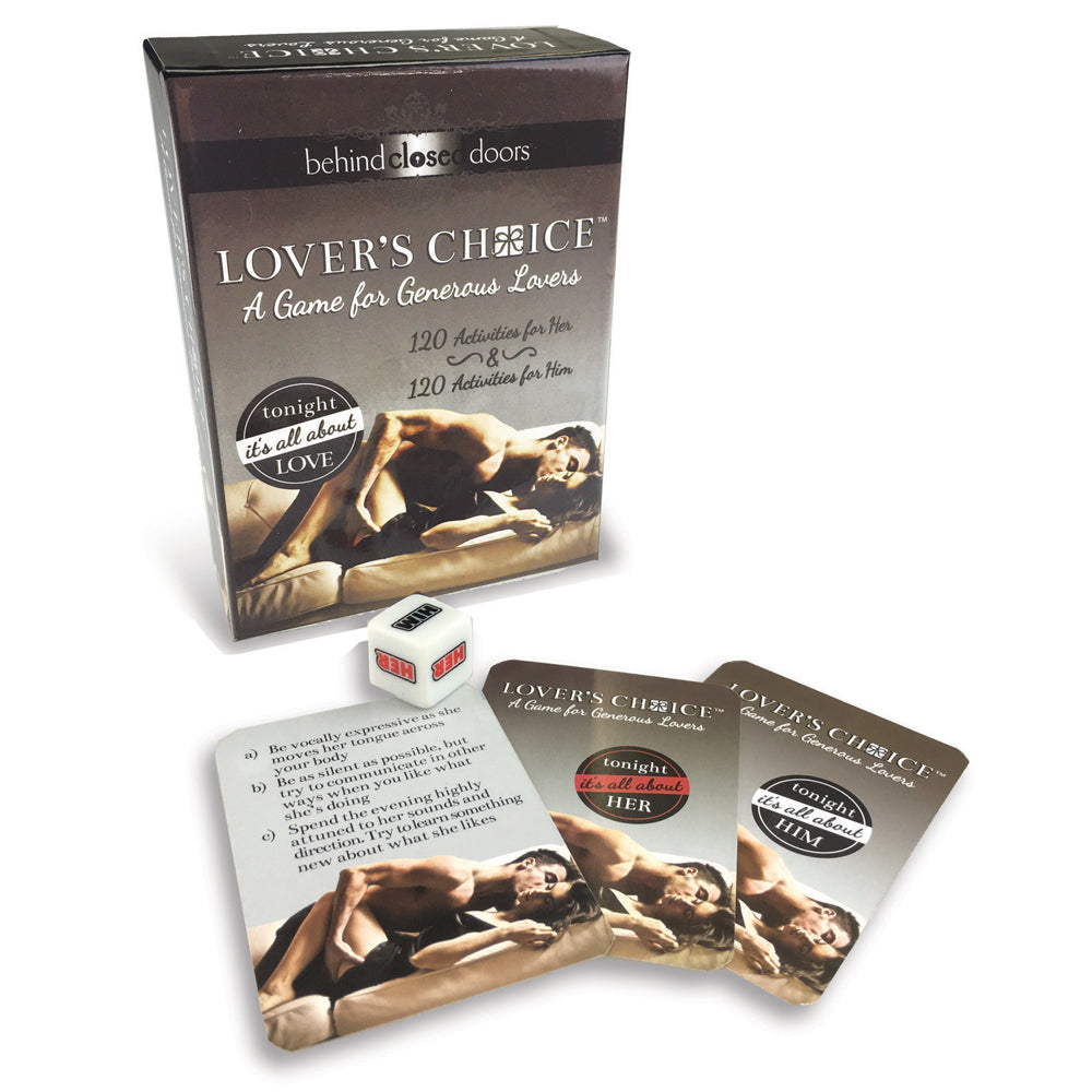 Behind Closed Doors Lover's Choice Erotic Card Game has 40 Him or Her cards to draw, each w/ 3 sexy activities to choose from so you can make this game as hot as you like in 240 ways!