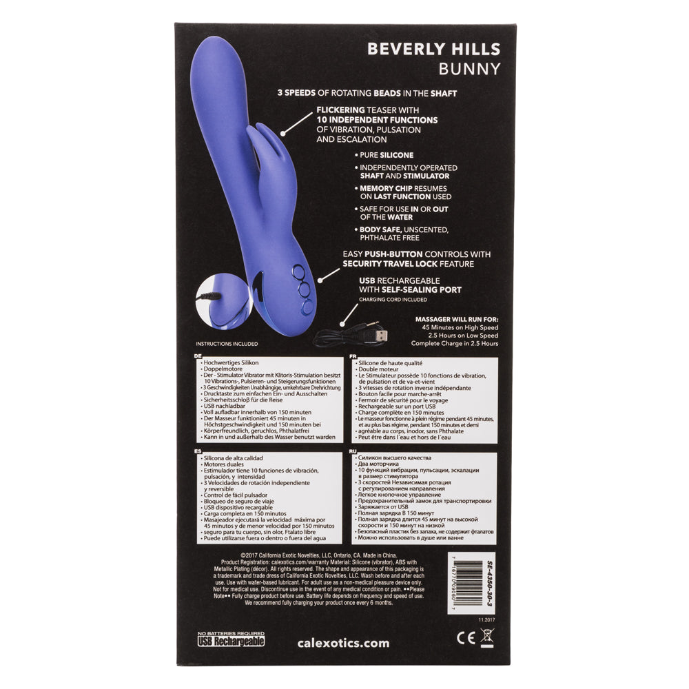 California Dreaming - Beverly Hills Bunny - rabbit vibrator has 3 rotation speeds for the rotating beads in the G-spot shaft & a clitoral bunny teaser with 10 vibration modes. 11