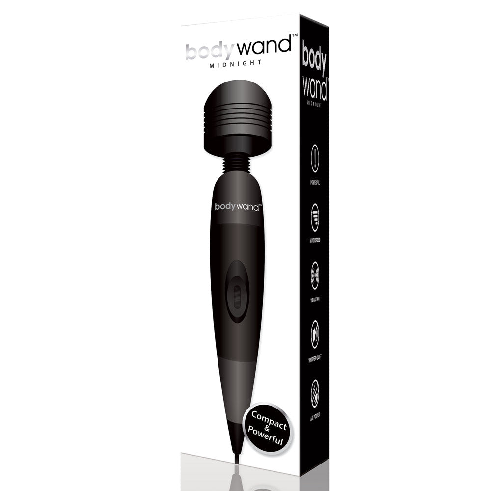 bodywand™ - Midnight has a soft-touch silicone head that delivers strong multi-speed vibrations that you can control with a single finger via the control dial. Package.