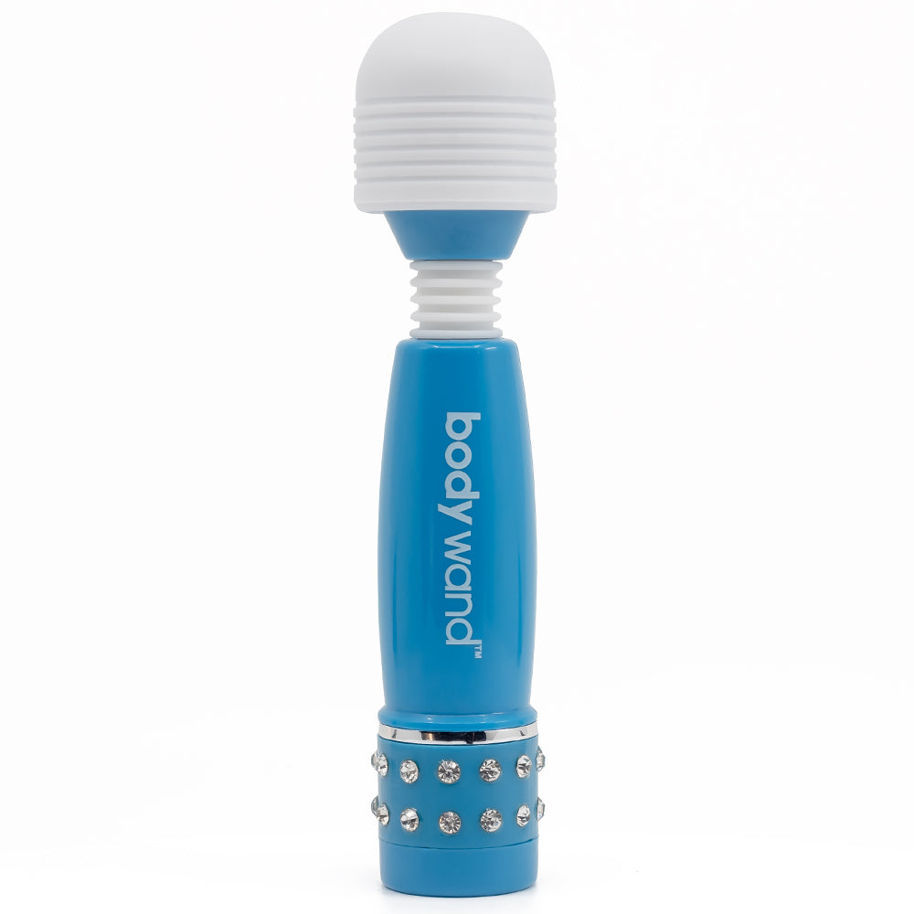 Bodywand Mini Wand Massager - Neon Edition has 5 vibration modes in a soft-touch silicone head & a flexible neck for easy positioning. Blue.