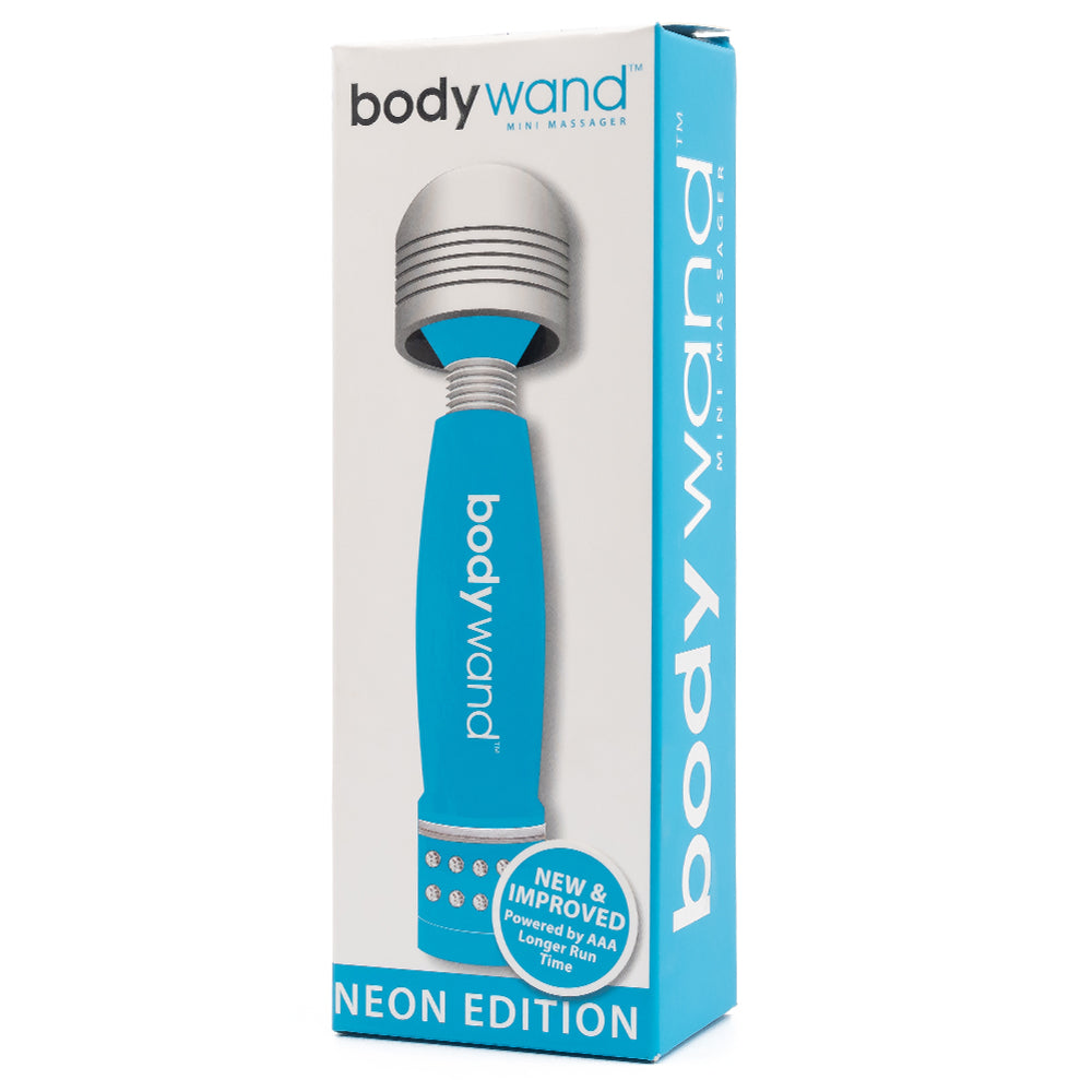 Bodywand Mini Wand Massager - Neon Edition has 5 vibration modes in a soft-touch silicone head & a flexible neck for easy positioning. Blue - package.