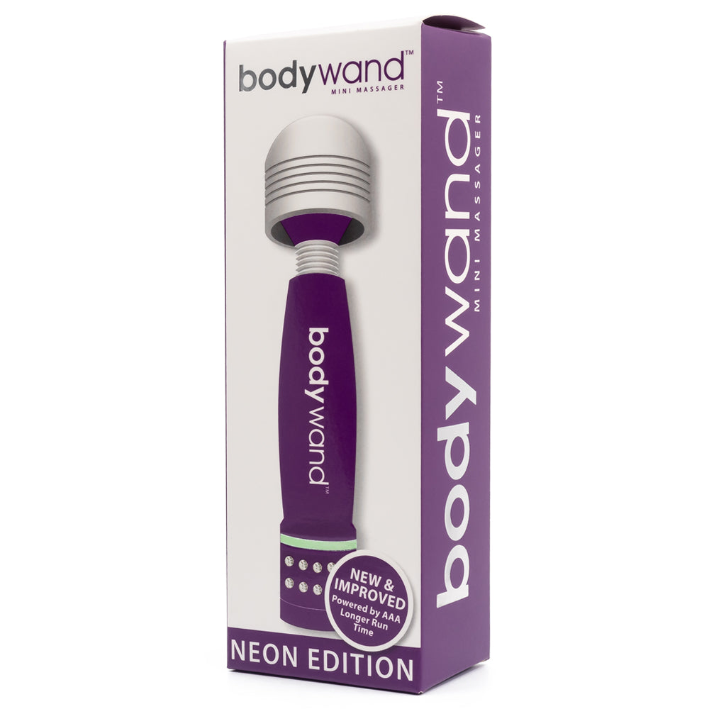 Bodywand Mini Wand Massager - Neon Edition has 5 vibration modes in a soft-touch silicone head & a flexible neck for easy positioning. Fuchsia - package.