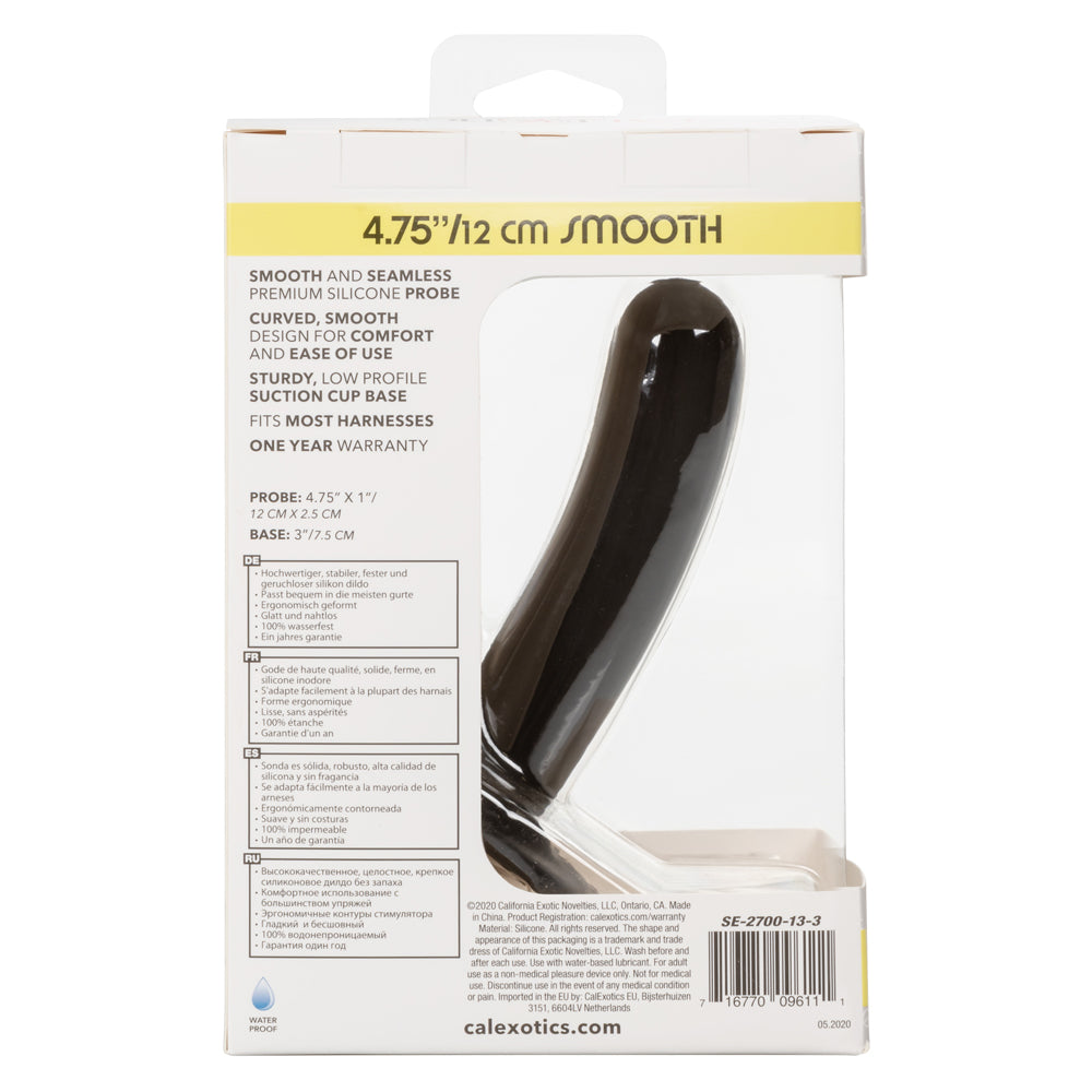 Boundless 4.75" Smooth Dildo With Suction Cup - solid curved shaft w/ a round tip for easy insertion & a harness-compatible suction cup base. Black 10
