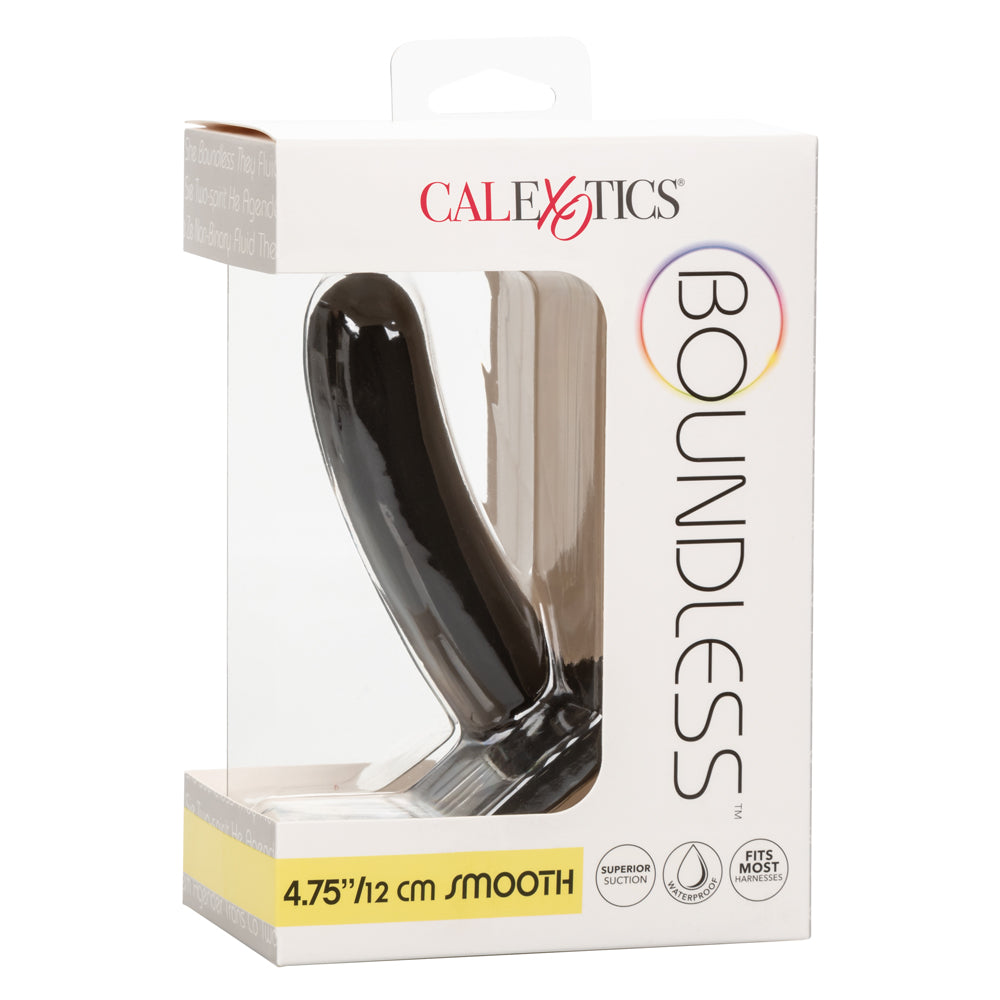 Boundless 4.75" Smooth Dildo With Suction Cup - solid curved shaft w/ a round tip for easy insertion & a harness-compatible suction cup base. Black 9