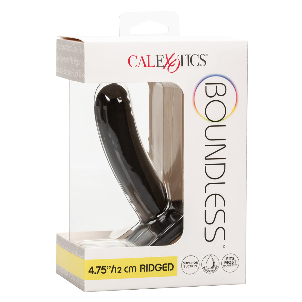 Boundless 4.75" Ridged Dong - solid curved shaft w/ a stimulating ridged texture + harness-compatible suction cup base. Black 10