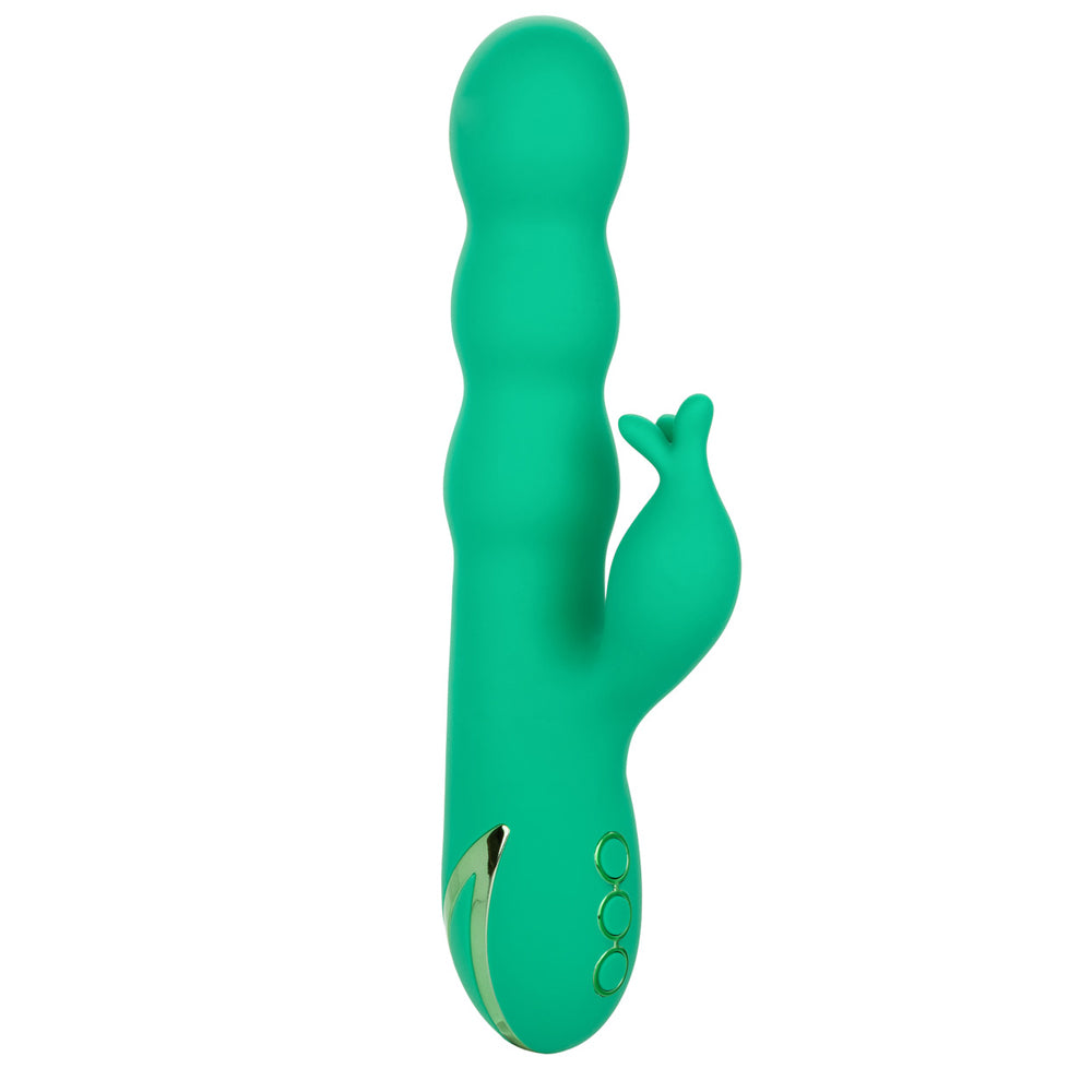 California Dreaming Sonoma Satisfier Thrusting Rabbit Vibrator has 10 clitoral vibration modes in a triple-tongue teaser & 3 thrilling vibration + thrusting speeds in the bulbous shaft.