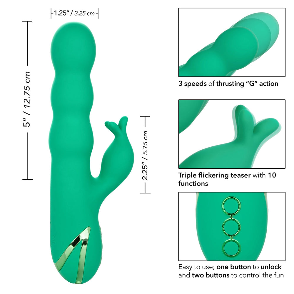 California Dreaming Sonoma Satisfier Thrusting Rabbit Vibrator has 10 clitoral vibration modes in a triple-tongue teaser & 3 thrilling vibration + thrusting speeds in the bulbous shaft. Features & dimension.