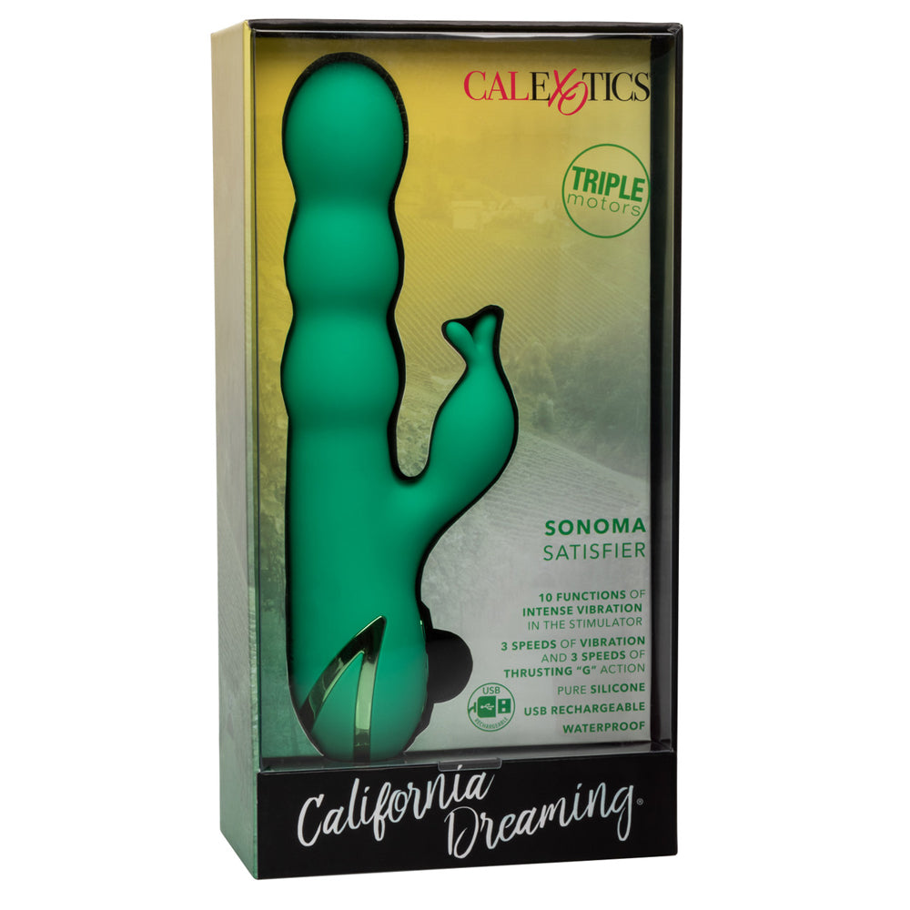 California Dreaming Sonoma Satisfier Thrusting Rabbit Vibrator has 10 clitoral vibration modes in a triple-tongue teaser & 3 thrilling vibration + thrusting speeds in the bulbous shaft. Package.