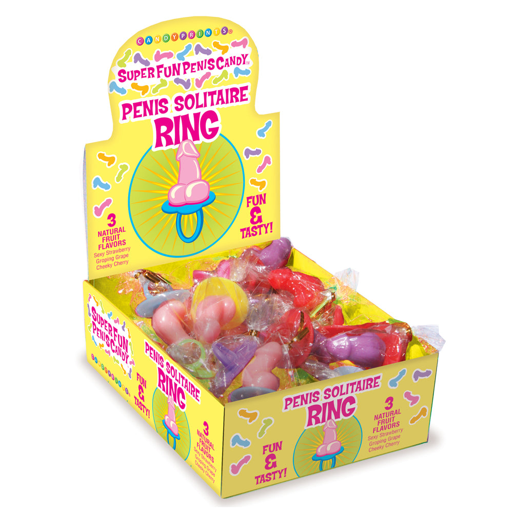 This fun phallic hard candy is attached to a ring for easy sucking and comes in 3 fruity flavours, including Sexy Strawberry, Groping Grape, and Cheeky Cherry. BOX.