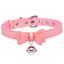 Master Series - Golden Kitty Cat Bell Collar -  dainty faux leather collar has a cute kitten bell, bow & silver metal hardware to indulge any pet play fetishist. Pink.