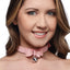 Master Series - Golden Kitty Cat Bell Collar -  dainty faux leather collar has a cute kitten bell, bow & silver metal hardware to indulge any pet play fetishist. Pink-model.