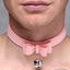 Master Series - Golden Kitty Cat Bell Collar -  dainty faux leather collar has a cute kitten bell, bow & silver metal hardware to indulge any pet play fetishist. Pink-model. (3)