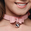 Master Series - Golden Kitty Cat Bell Collar -  dainty faux leather collar has a cute kitten bell, bow & silver metal hardware to indulge any pet play fetishist. Pink-model. (2)