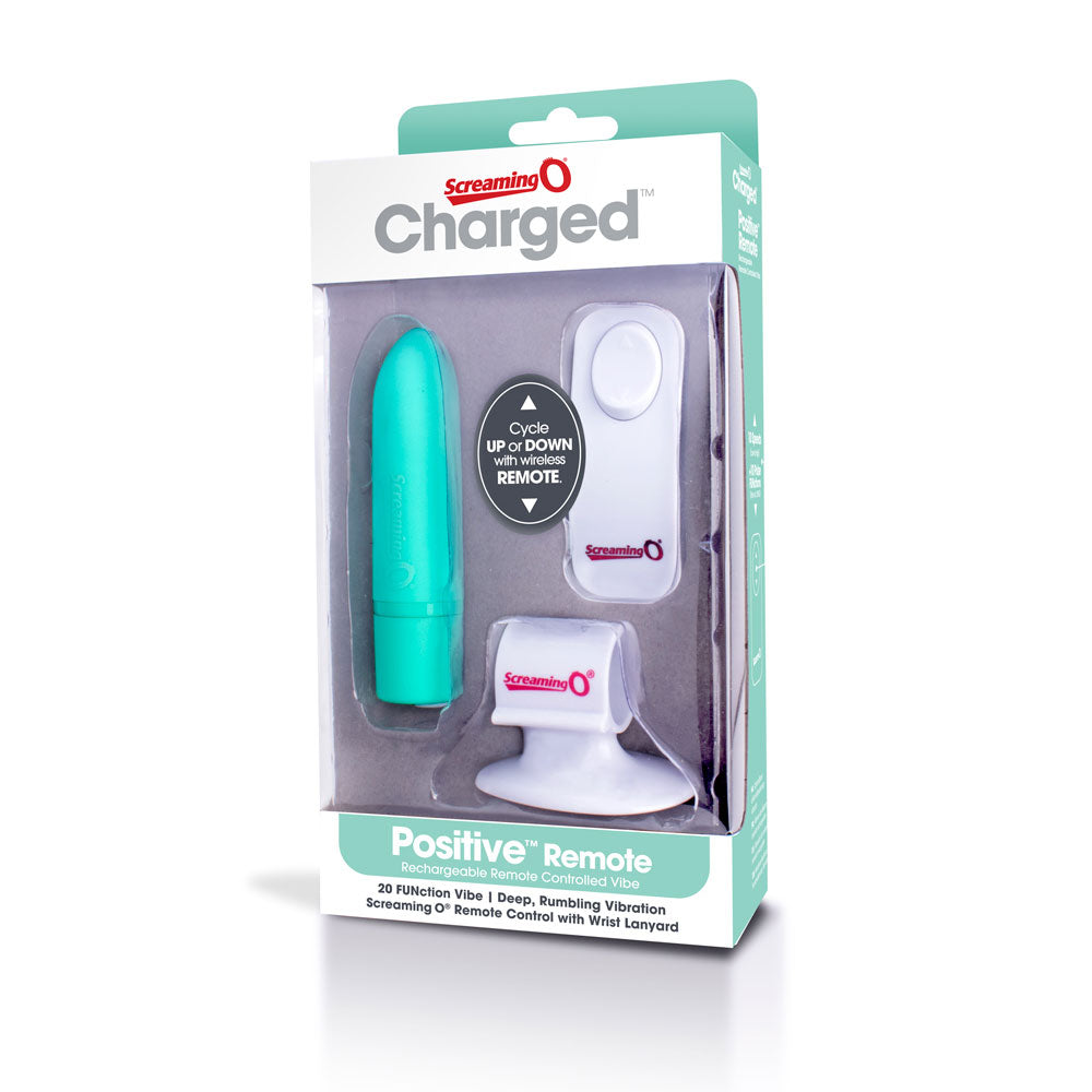 Screaming O Charged - Positive Remote Control Bullet Vibe - 20 vibration modes, a charging stand that doubles as a finger cradle. Kiwi Mint, box