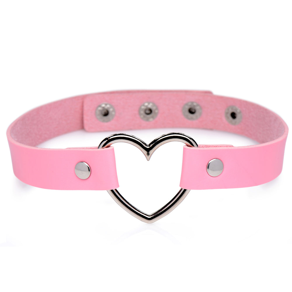Master Series - Chrome Heart Choker - made from cruelty-free vegan leather w/ a soft lining & a nickel-free metal heart at the centre. Pink (2)