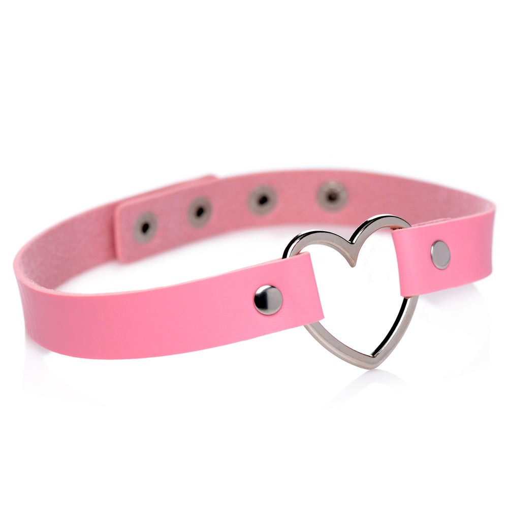 Master Series - Chrome Heart Choker - made from cruelty-free vegan leather w/ a soft lining & a nickel-free metal heart at the centre. Pink (3)