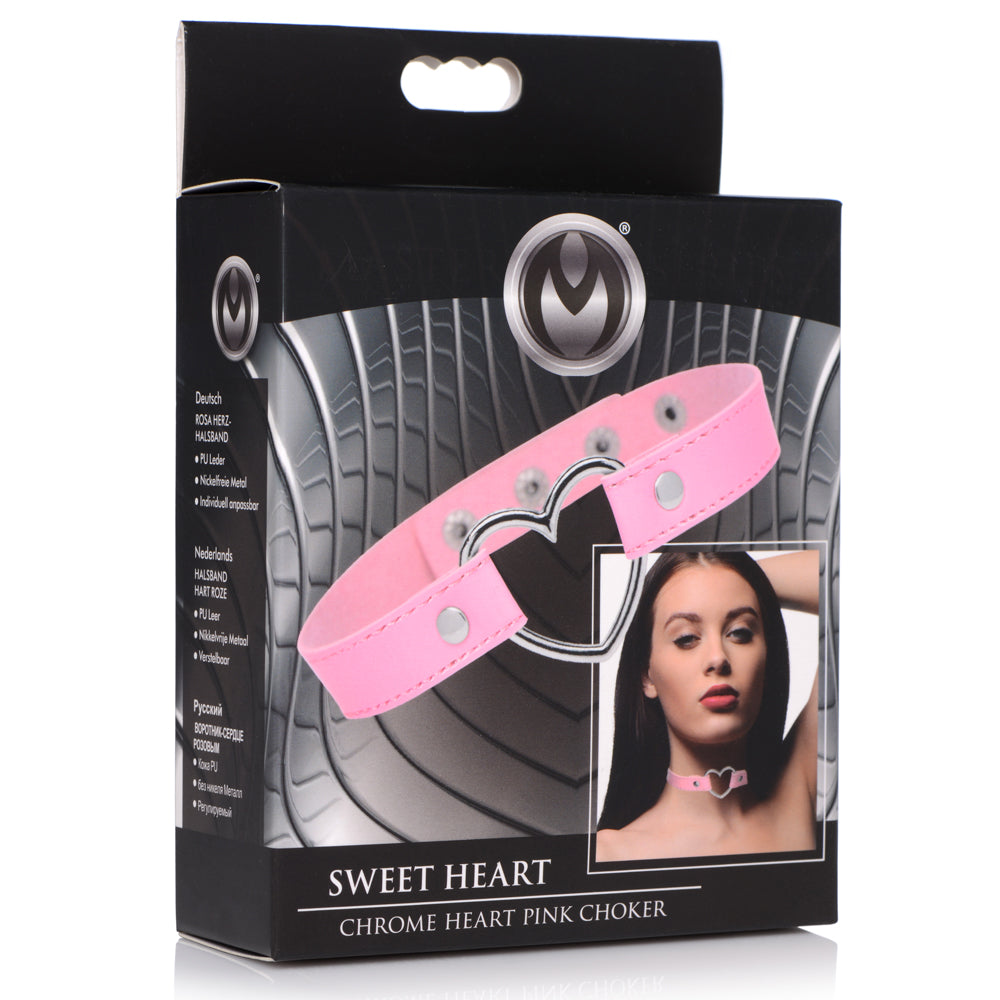 Master Series - Chrome Heart Choker - made from cruelty-free vegan leather w/ a soft lining & a nickel-free metal heart at the centre. Pink, box