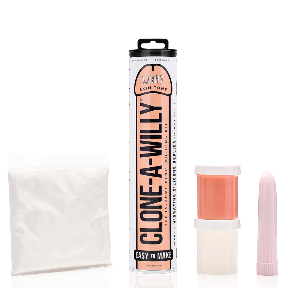 The Clone A Willy Kit contains everything you need to make a lifelike replica dong of any penis, plus an optional vibrator for a DIY vibrating dildo. Light skin tone accessories.
