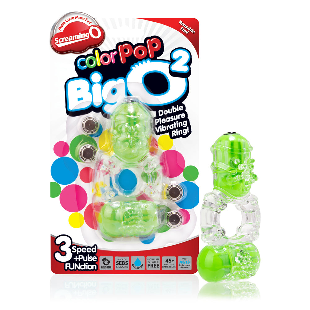 Screaming O ColorPoP Big O 2 - Double Pleasure Vibrating Ring - dual motor design with 3 speeds + pulse mode. Green, package