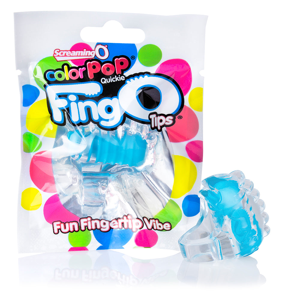 Screaming O ColorPoP Quickie - FingO Tips, disposable finger vibe is the smallest mini vibrator ever & puts buzzing pleasure at your fingertips. Blue, package