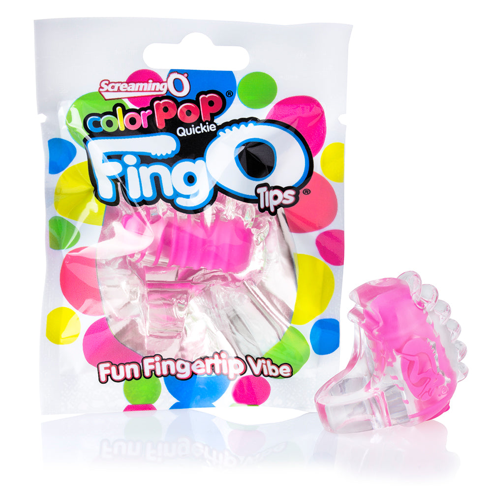 Screaming O ColorPoP Quickie - FingO Tips, disposable finger vibe is the smallest mini vibrator ever & puts buzzing pleasure at your fingertips. Pink, package