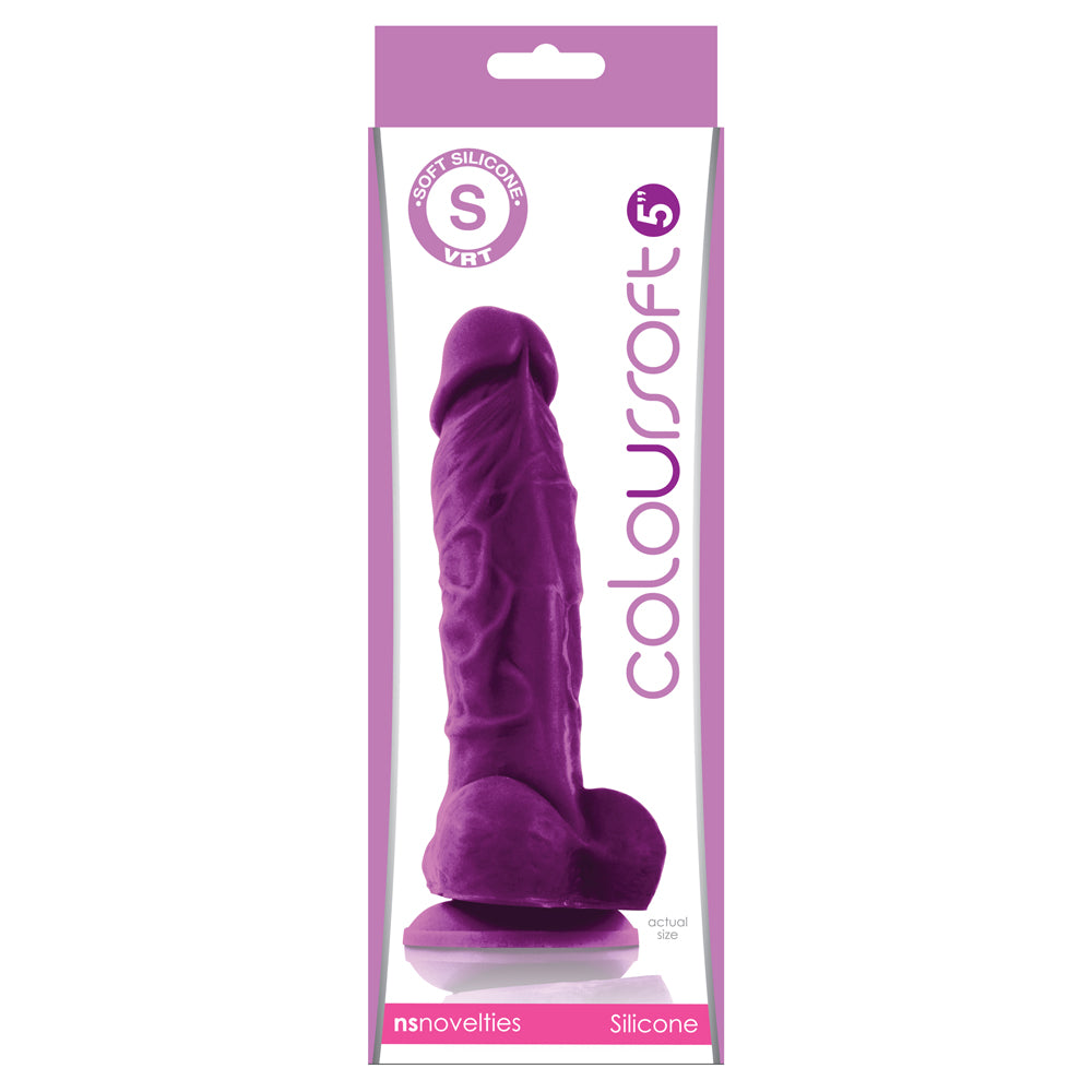 This ColourSoft 5" dildo is made from soft texture virtual real touch silicone to feel like a real erection, complete w/ phallic G-spot/P-spot head & veiny shaft. Purple-package.