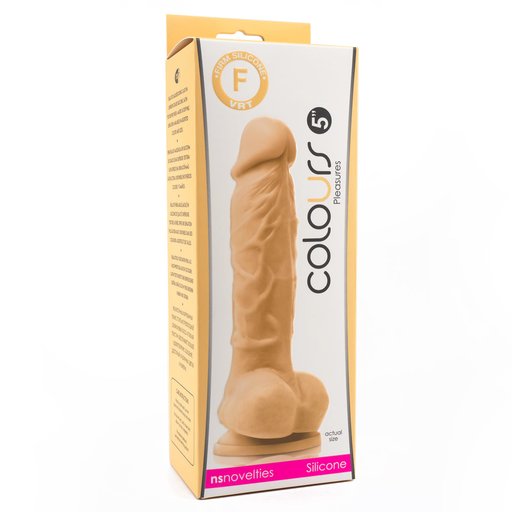 The colours pleasures 5" dildo is made from waterproof silicone & has a realistic design w/ phallic head, veiny shaft & balls + a suction cup for hands-free fun. Flesh-package.