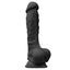 This 7" dildo is made from waterproof silicone & has a realistically sculpted phallic head & veiny shaft + a harness-compatible suction cup for hands-free fun. Black.