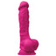 This 7" dildo is made from waterproof silicone & has a realistically sculpted phallic head & veiny shaft + a harness-compatible suction cup for hands-free fun. Pink.