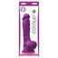 This 7" dildo is made from waterproof silicone & has a realistically sculpted phallic head & veiny shaft + a harness-compatible suction cup for hands-free fun. Purple-package.