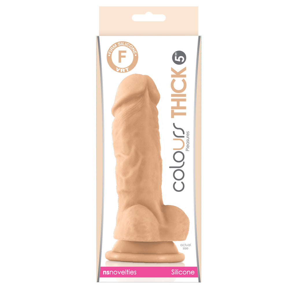This colours pleasures thick 5" dildo has 5 insertable inches w/ a phallic head that 'pops' satisfyingly inside you, a veiny shaft & a harness-compatible suction cup. Flesh-package.