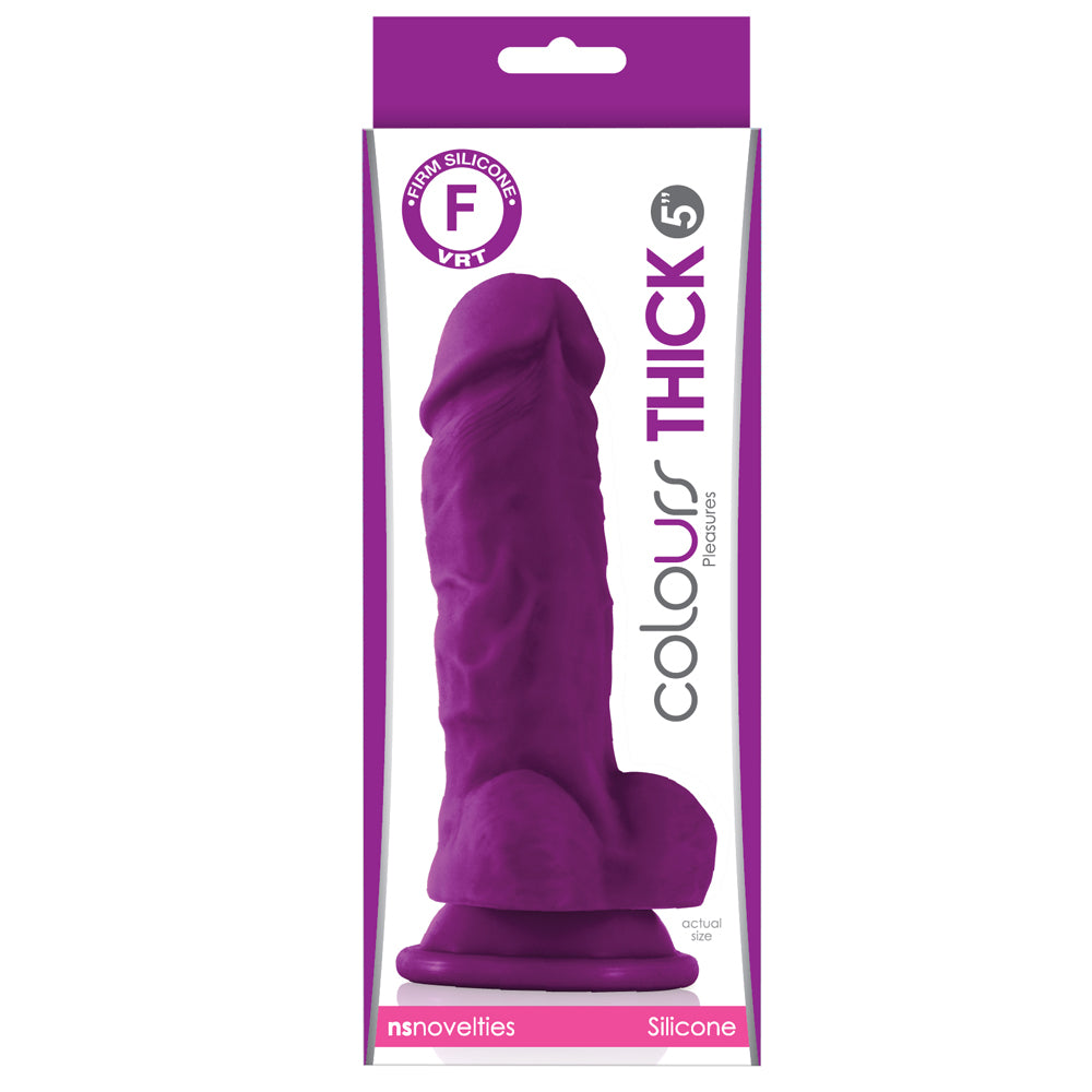 This colours pleasures thick 5" dildo has 5 insertable inches w/ a phallic head that 'pops' satisfyingly inside you, a veiny shaft & a harness-compatible suction cup. Purple-package.